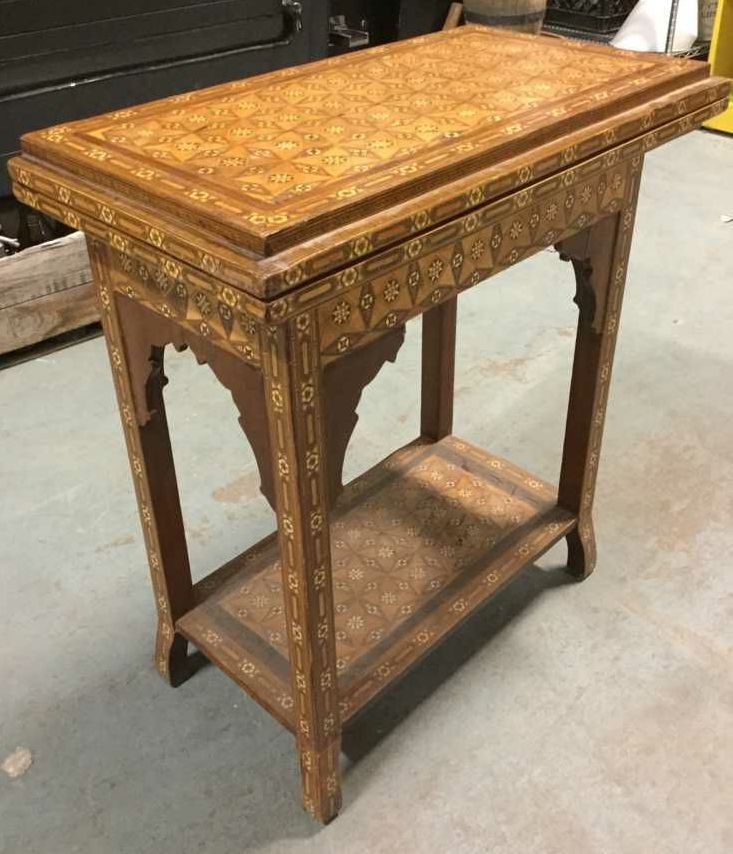Furnishings, German, Full Maquetry All Over Table., 29" W, 31" D, 32" H, Light Tone Wood, Mid Tone Wood, Dark Tone Wood, Wood