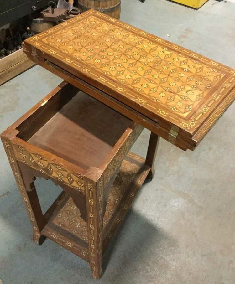 Furnishings, German, Full Maquetry All Over Table., 29" W, 31" D, 32" H, Light Tone Wood, Mid Tone Wood, Dark Tone Wood, Wood