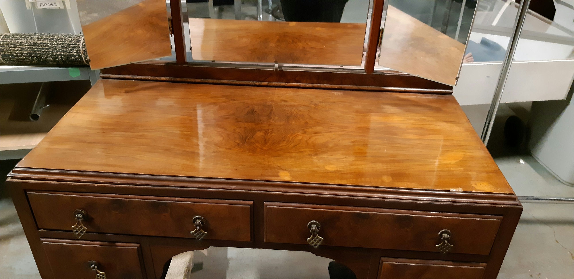 Furnishings, Vanity Table With Bifold / Folding Mirror With Three Panels, Mid Tone Wood, Wood, Glass