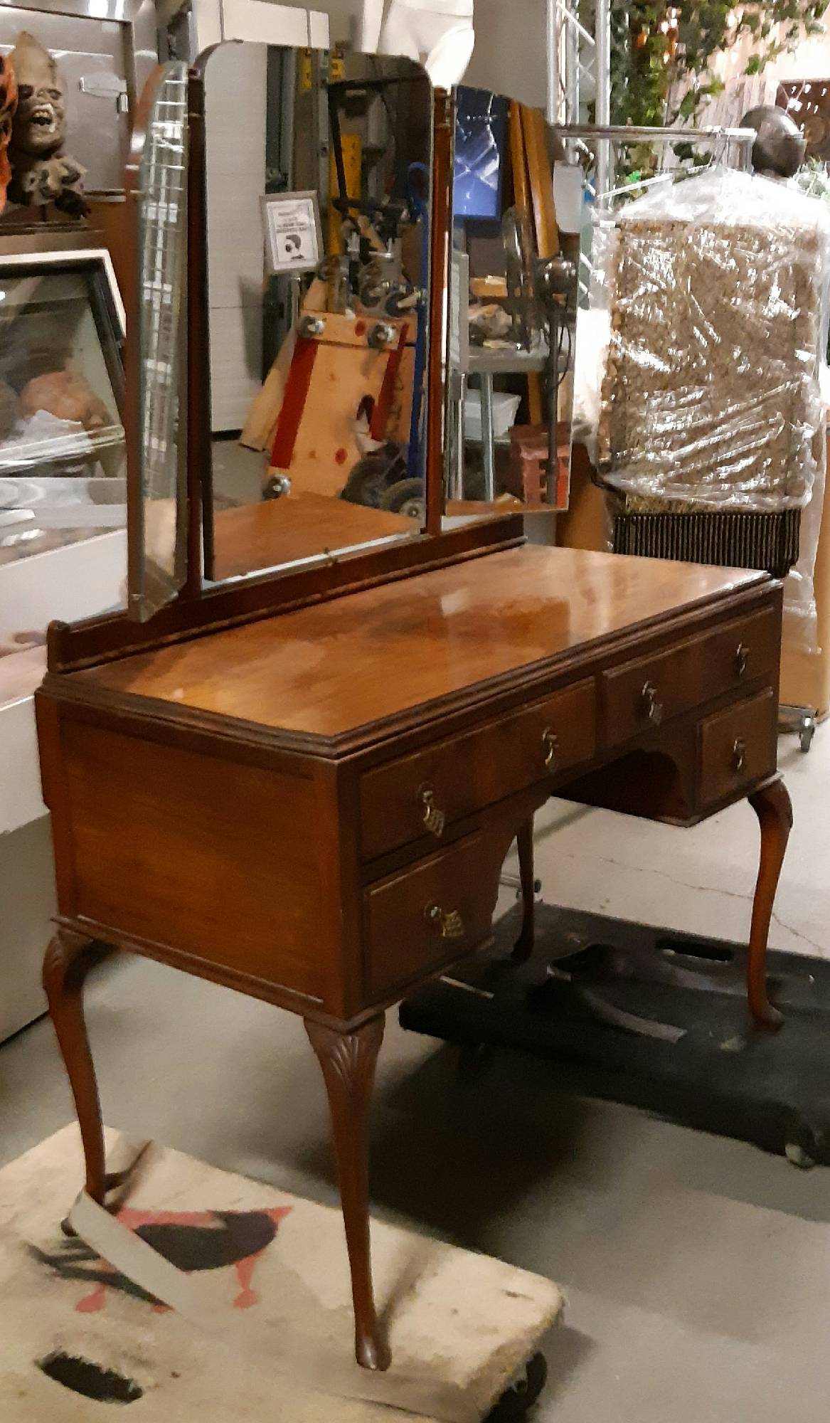 Furnishings, Vanity Table With Bifold / Folding Mirror With Three Panels, Mid Tone Wood, Wood, Glass