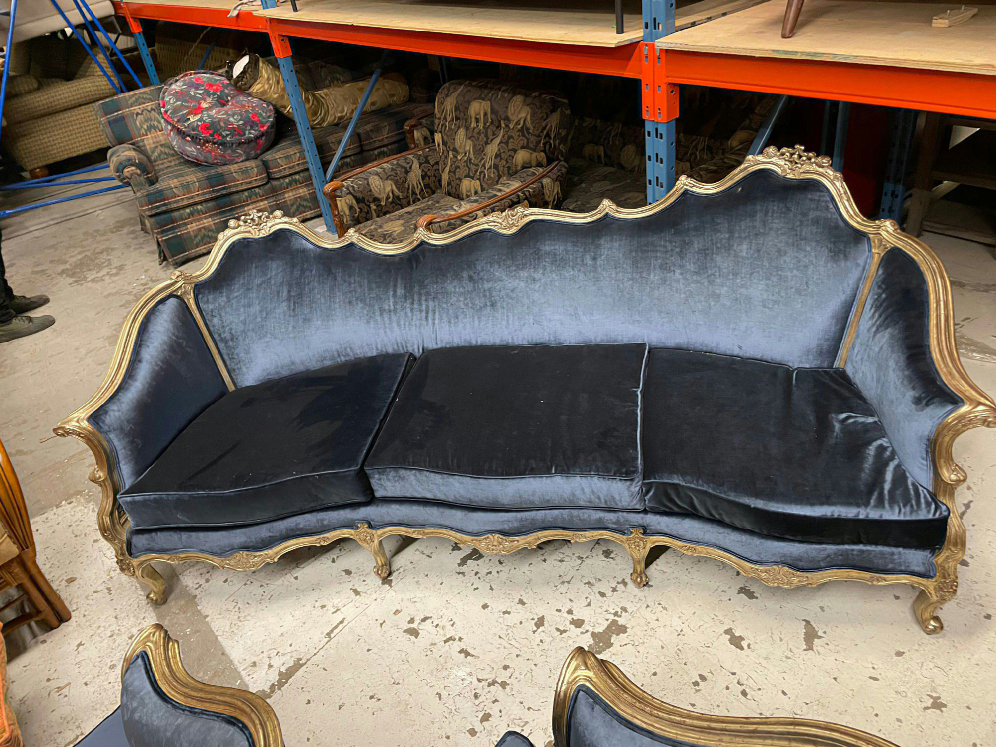 Furnishings, Loius XVI Velvet 3 Seater, 85.5"W, 34" D, 38" H, Blue, Gold, Wood, Velvet