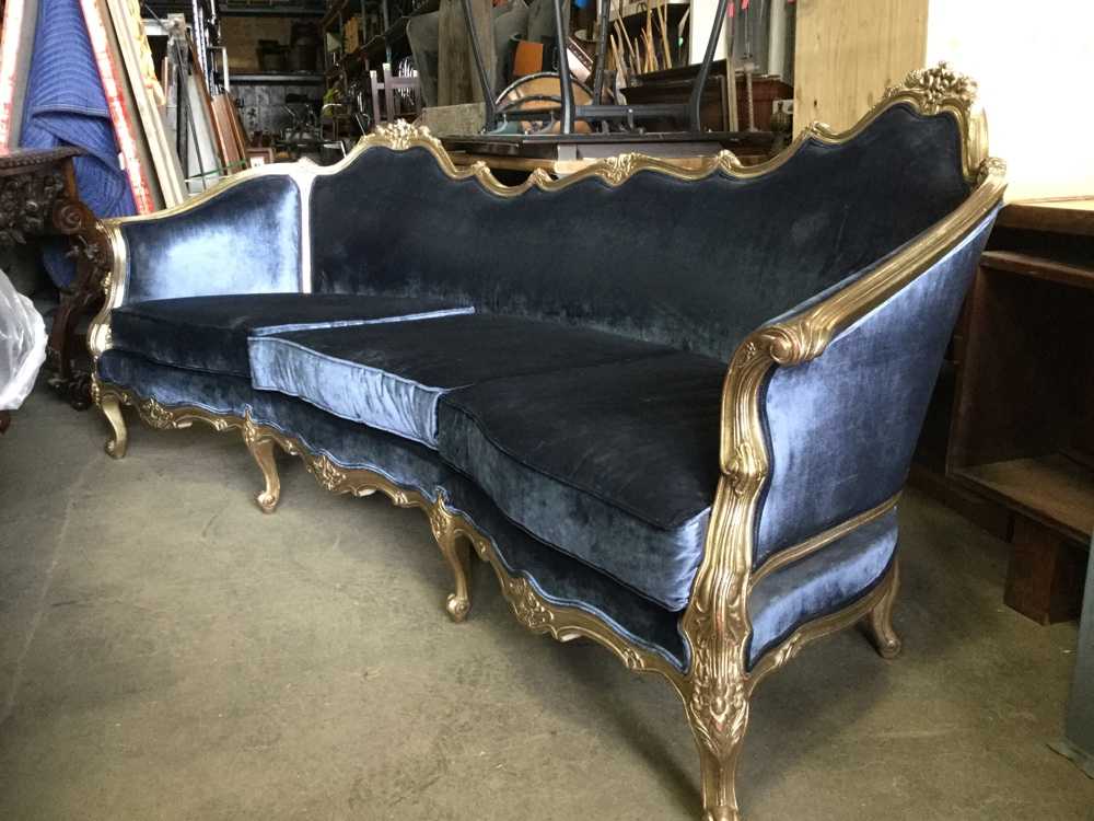 Furnishings, Loius XVI Velvet 3 Seater, 85.5"W, 34" D, 38" H, Blue, Gold, Wood, Velvet