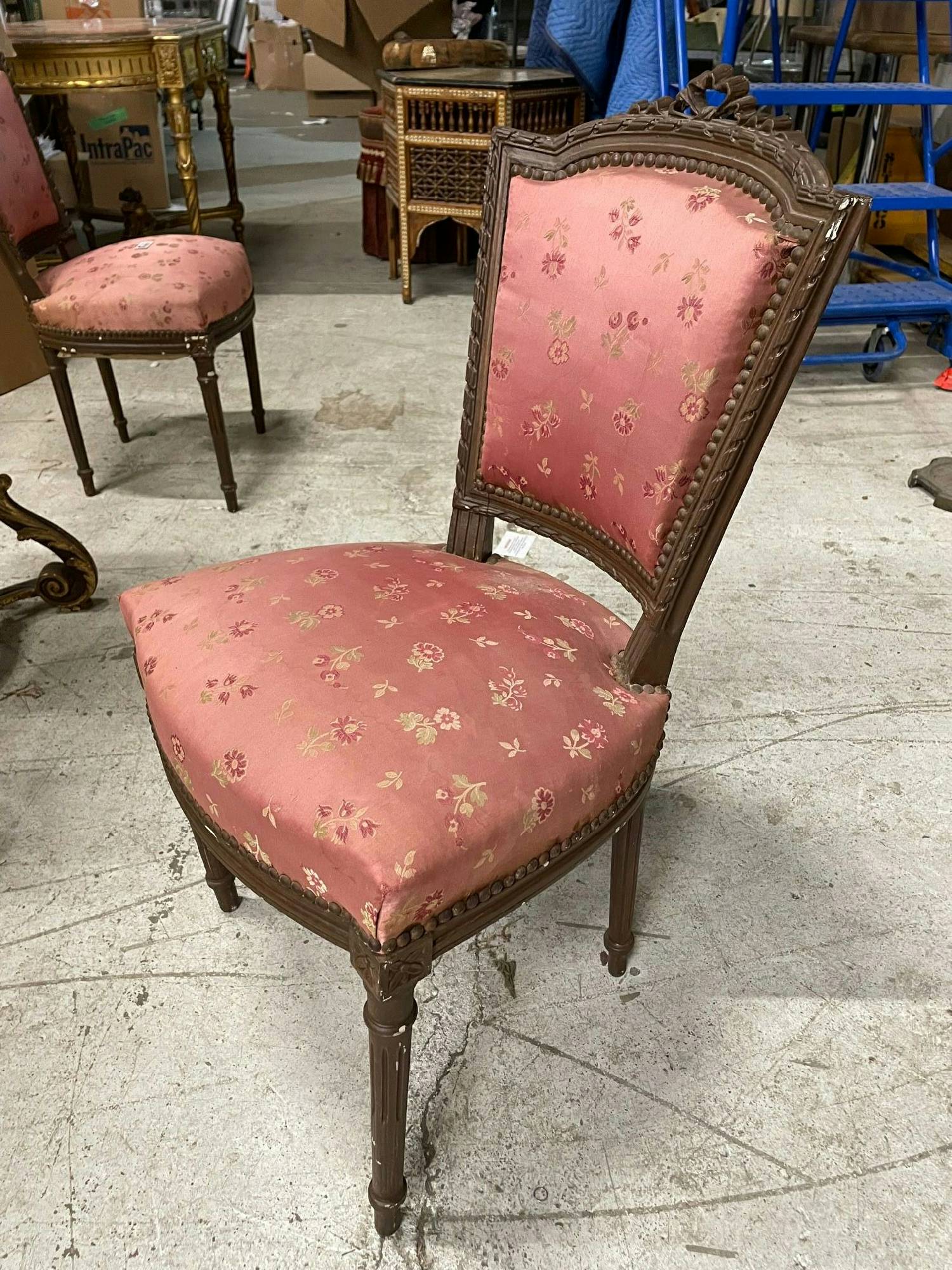 Furnishings, Victorian Side Chair With Floral Print Seats, Dark Tone Wood, Pink