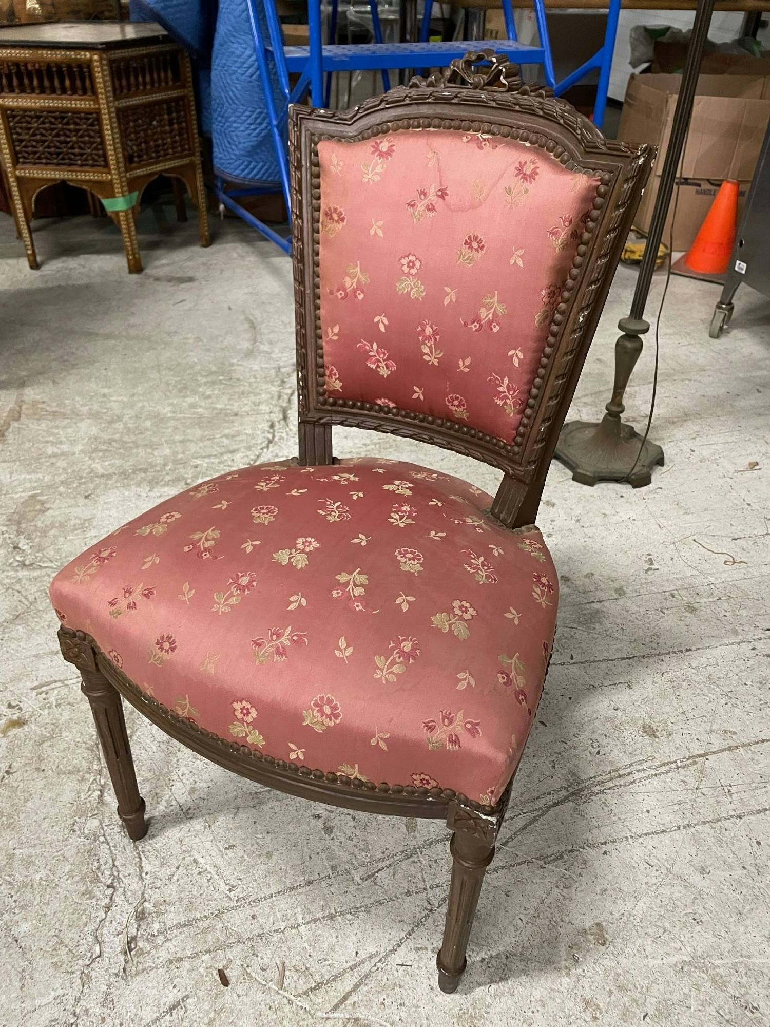 Furnishings, Victorian Side Chair With Floral Print Seats, Dark Tone Wood, Pink