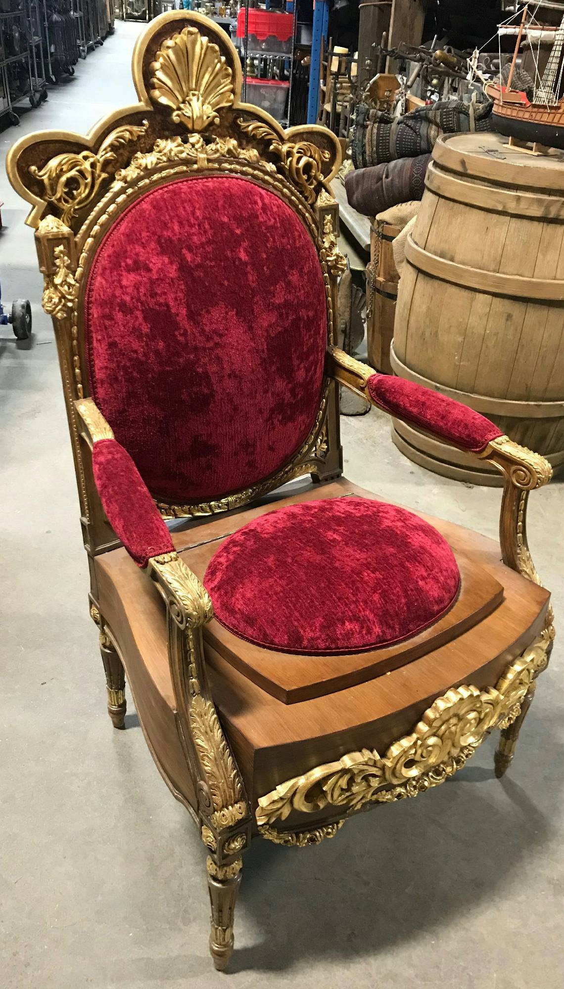 Furnishings, Bidet Throne (Commode), 25" W, 15" D, 48" H, Red, Brown, Gold, Wood, Fabric