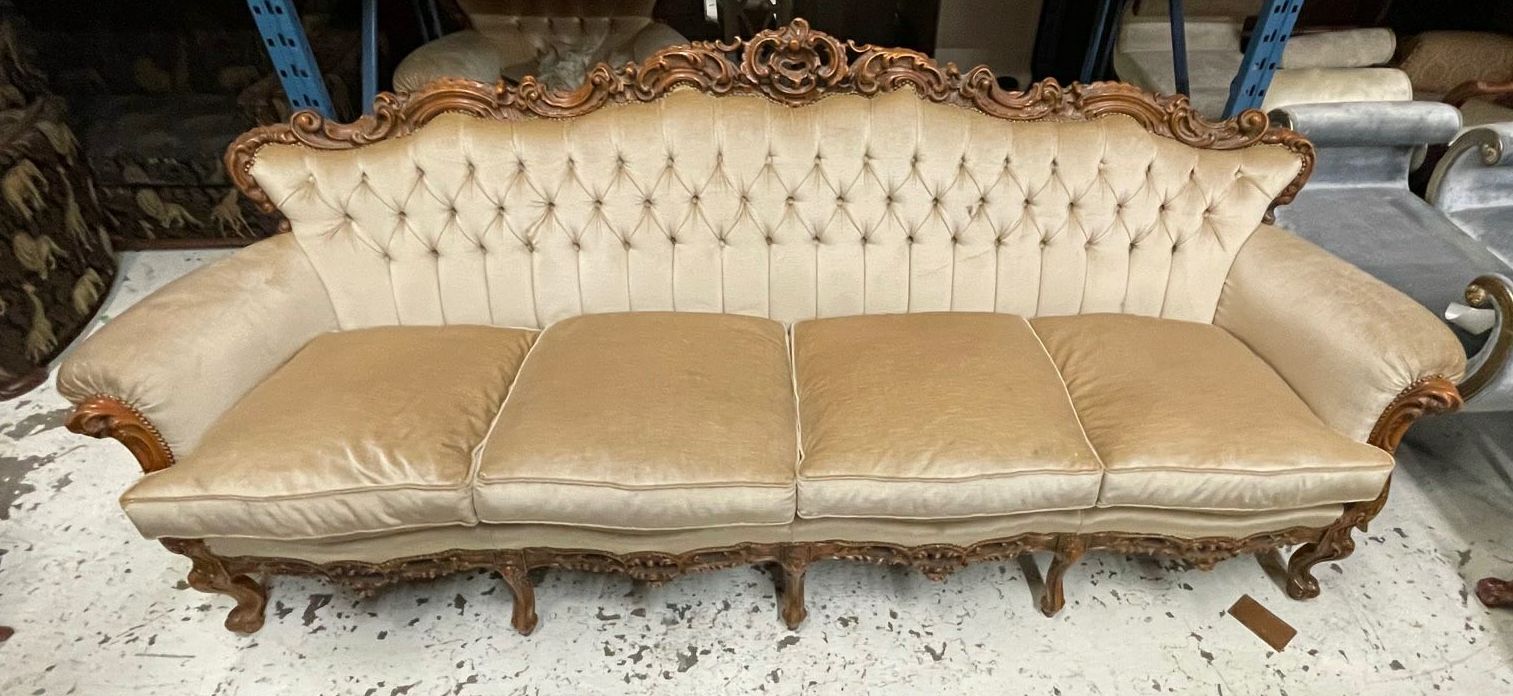 Furnishings, Tufted Couch With Wooden Carved Frame And Legs, Cream, Mid Tone Wood, Fabric, Wood