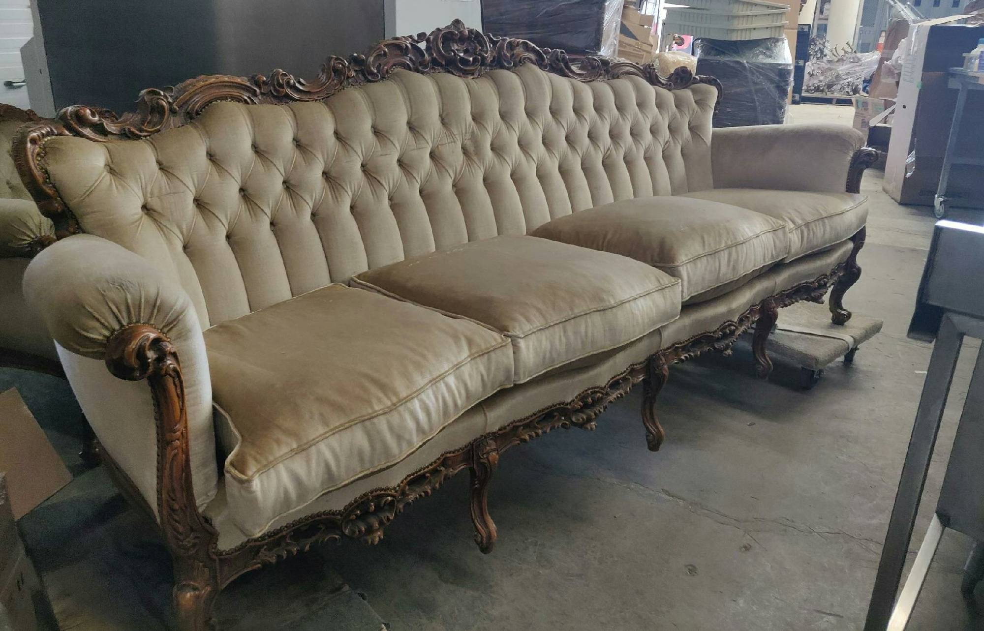 Furnishings, Tufted Couch With Wooden Carved Frame And Legs, Cream, Mid Tone Wood, Fabric, Wood