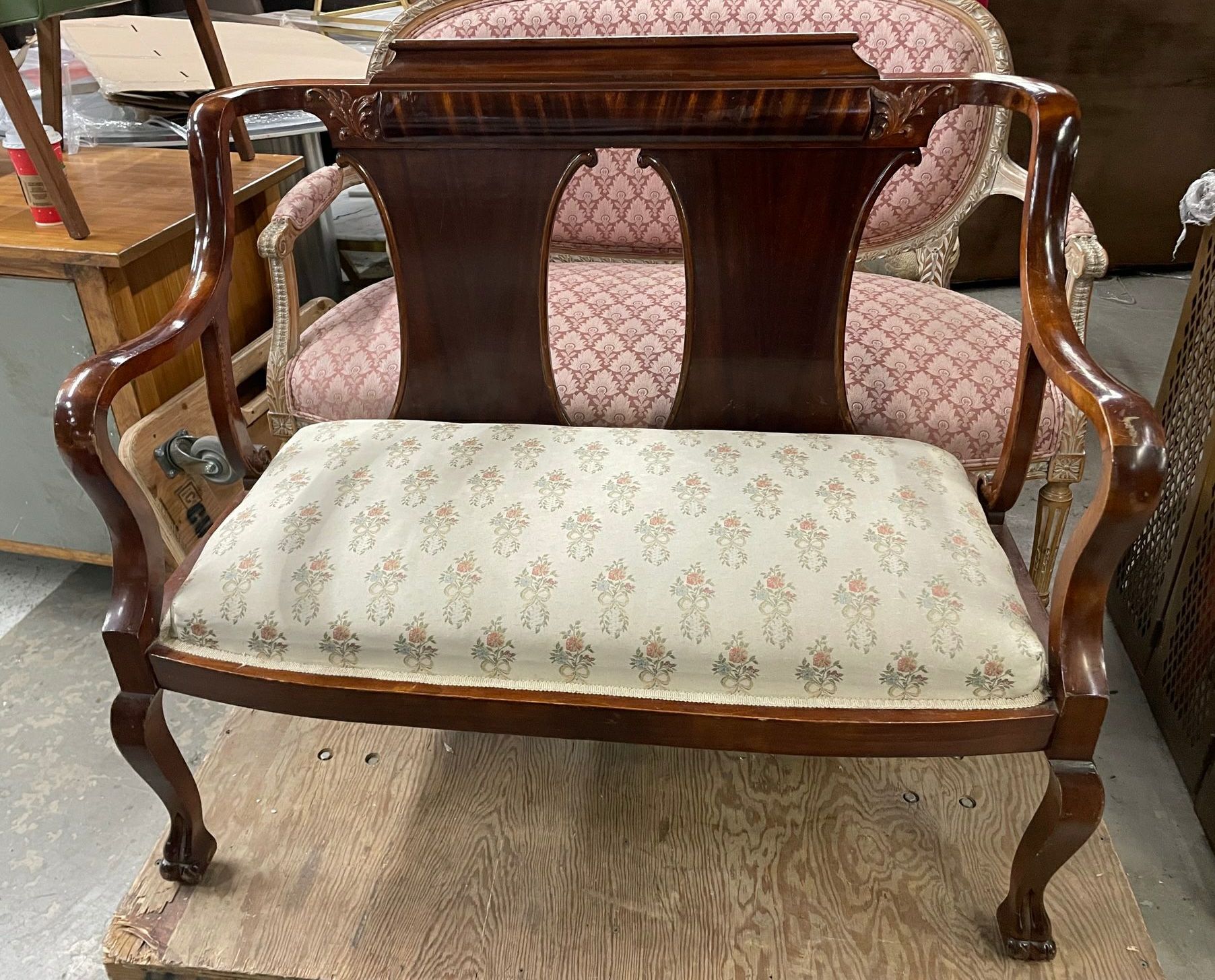 Furnishings, Victorian Loveseat With Floral Seat, Mid Tone Wood, Cream