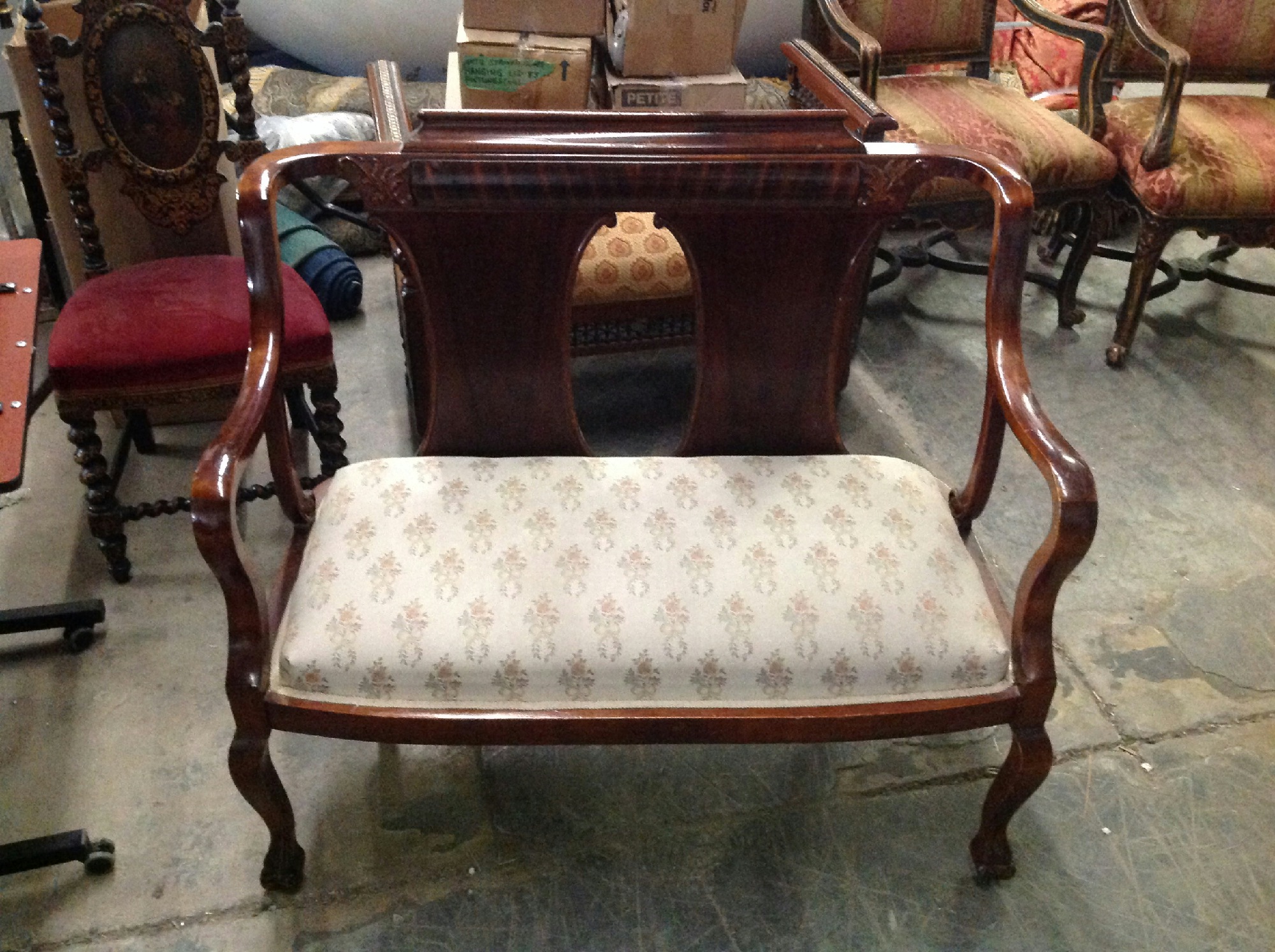 Furnishings, Victorian Loveseat With Floral Seat, Mid Tone Wood, Cream