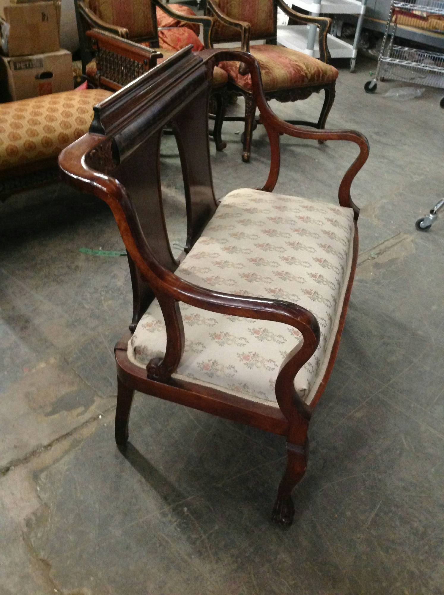 Furnishings, Victorian Loveseat With Floral Seat, Mid Tone Wood, Cream
