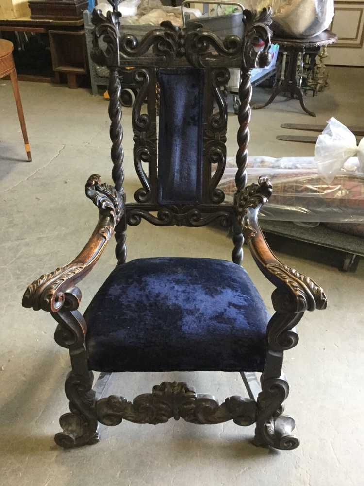 Furnishings, Carved Wooden Arm Chair With Dark Blue Seating, 30" W, 28" D, 49" H, Dark Tone Wood, Dark Blue, Wood, Velvet