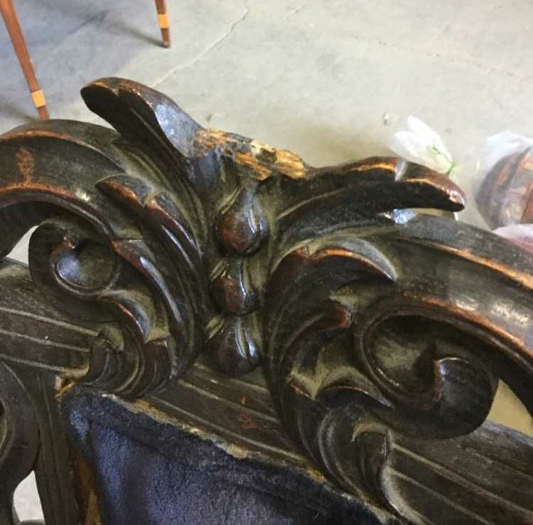 Furnishings, Carved Wooden Arm Chair With Dark Blue Seating, 30" W, 28" D, 49" H, Dark Tone Wood, Dark Blue, Wood, Velvet