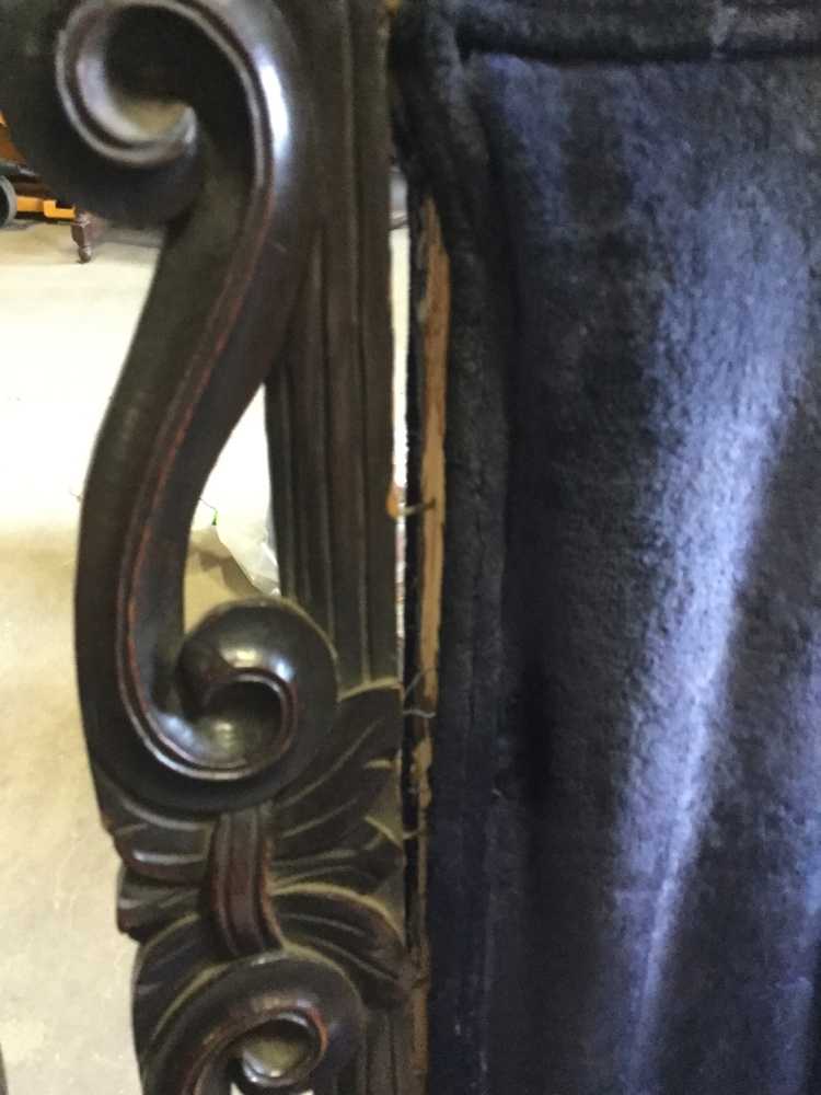 Furnishings, Carved Wooden Arm Chair With Dark Blue Seating, 30" W, 28" D, 49" H, Dark Tone Wood, Dark Blue, Wood, Velvet