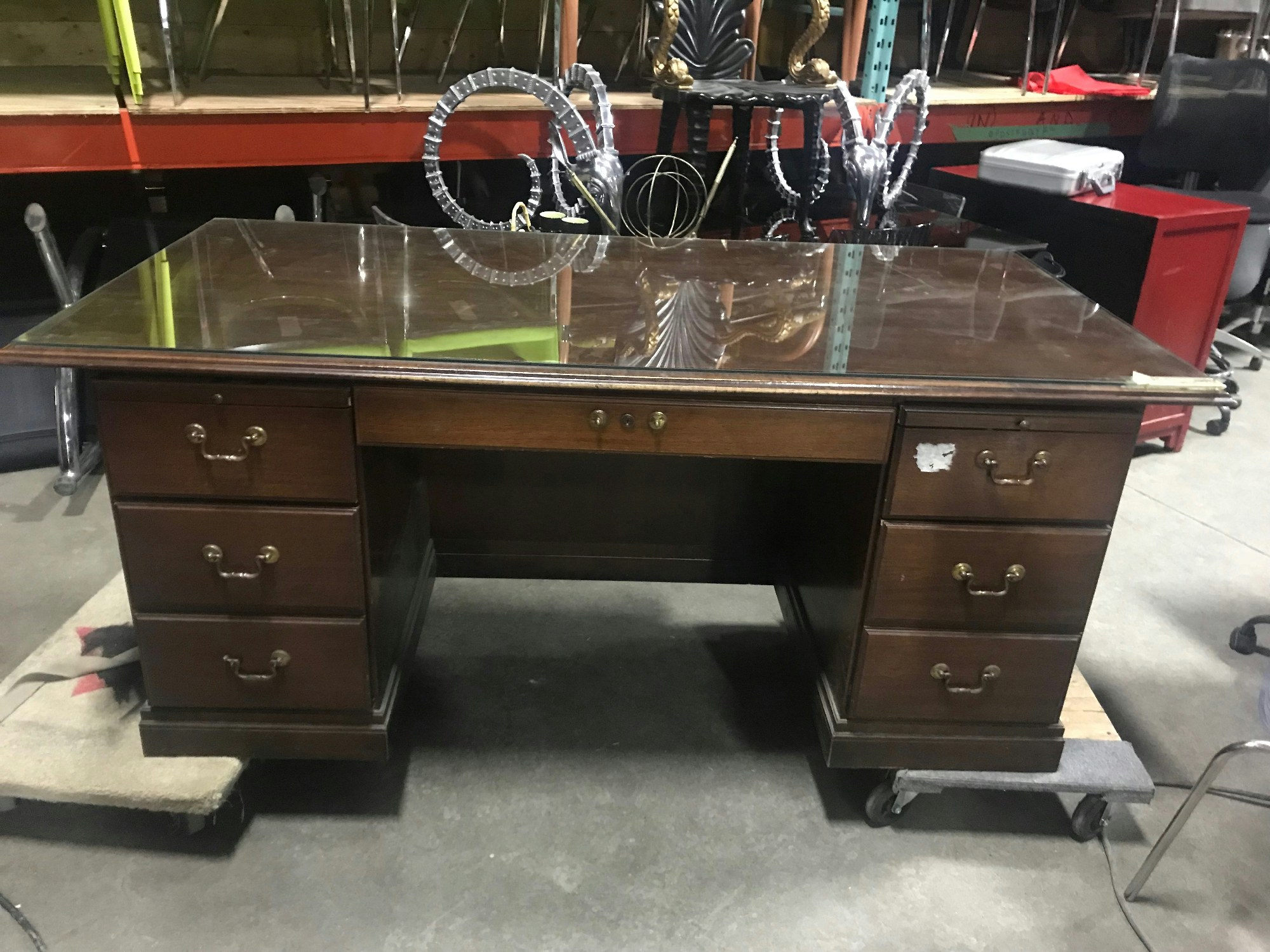 Furnishings, Large Wood Desk With Glass Top. Some Cracks In Glass / Residue On Desk, 72"W, 36"D, 30"H, Dark Tone Wood, Clear, Wood, Glass