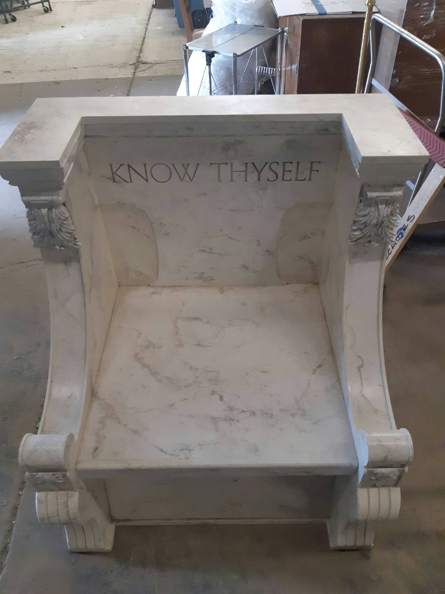 Furnishings, Faux Marble Throne With Velvet Seat Cushion And 'Know Thyself' Engraved On Back, White, Wood