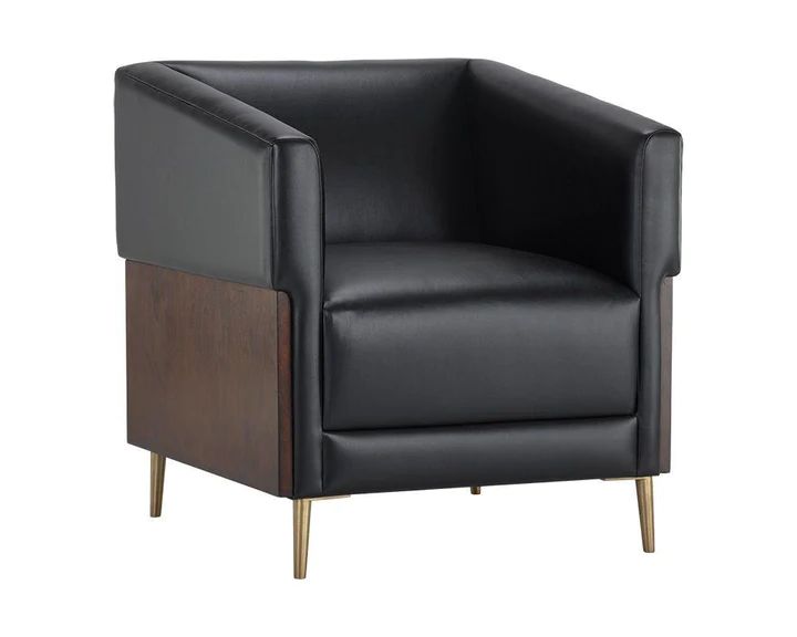 Furnishings, Lounge Chair with Wood Frame and Iron Legs, Black, Brown, Gold