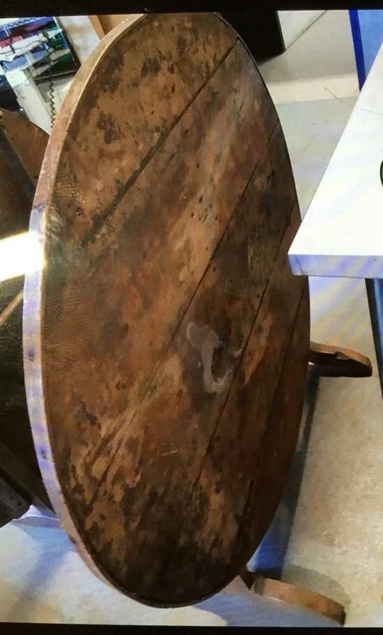 Furnishings, Round Wooded Folding Table (Top Moves From Side To Side)), Mid Tone Wood, Wood