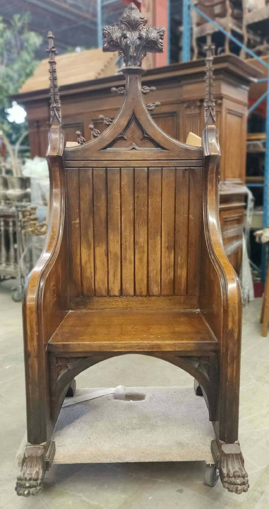 Furnishings, Antique ReligiousThrone With Clawfoot, Mid Tone Wood