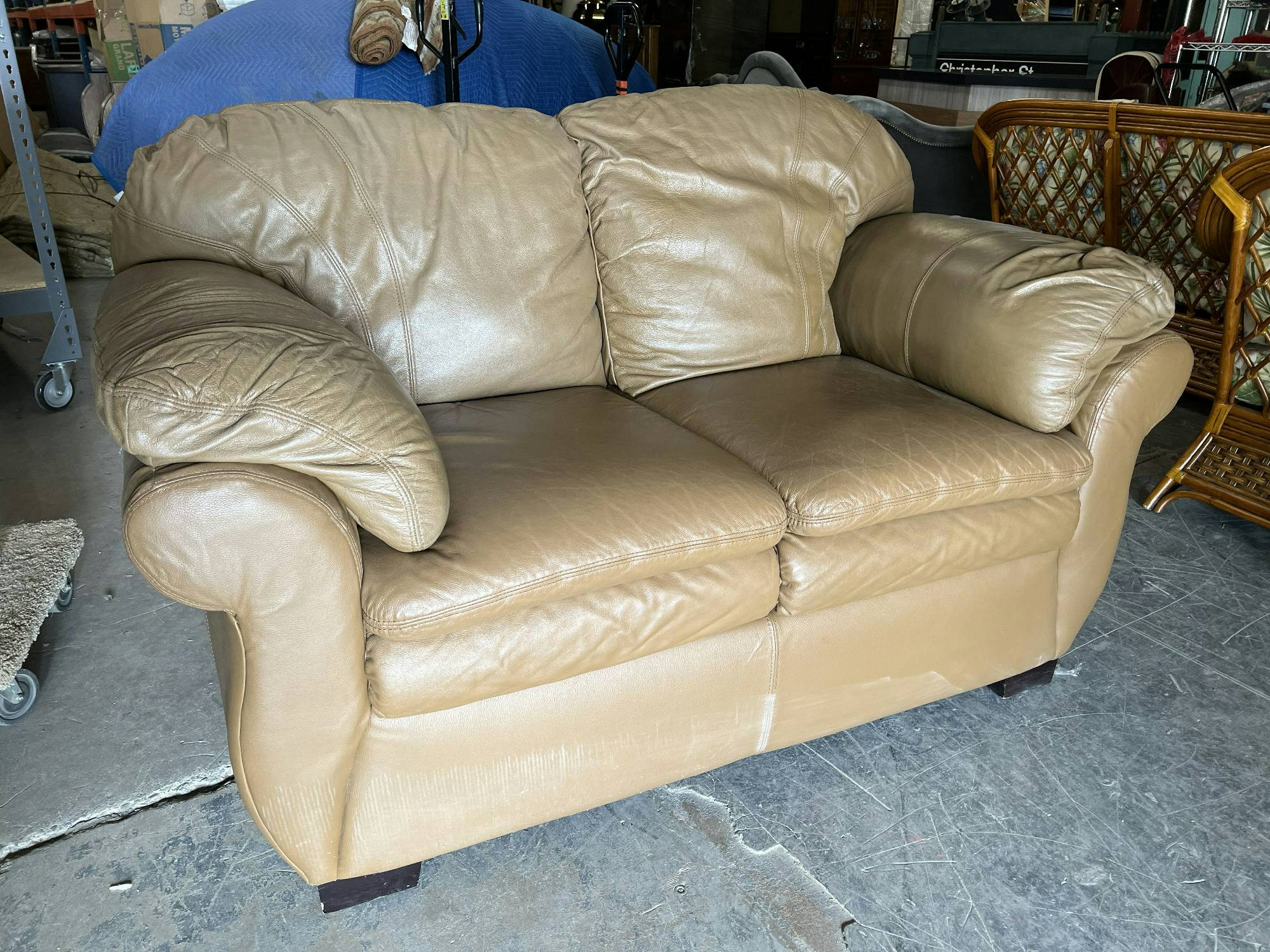 Furnishings, Beige Leather Loveseat, 54"W, 34"D, 38"H, Beige, Leather