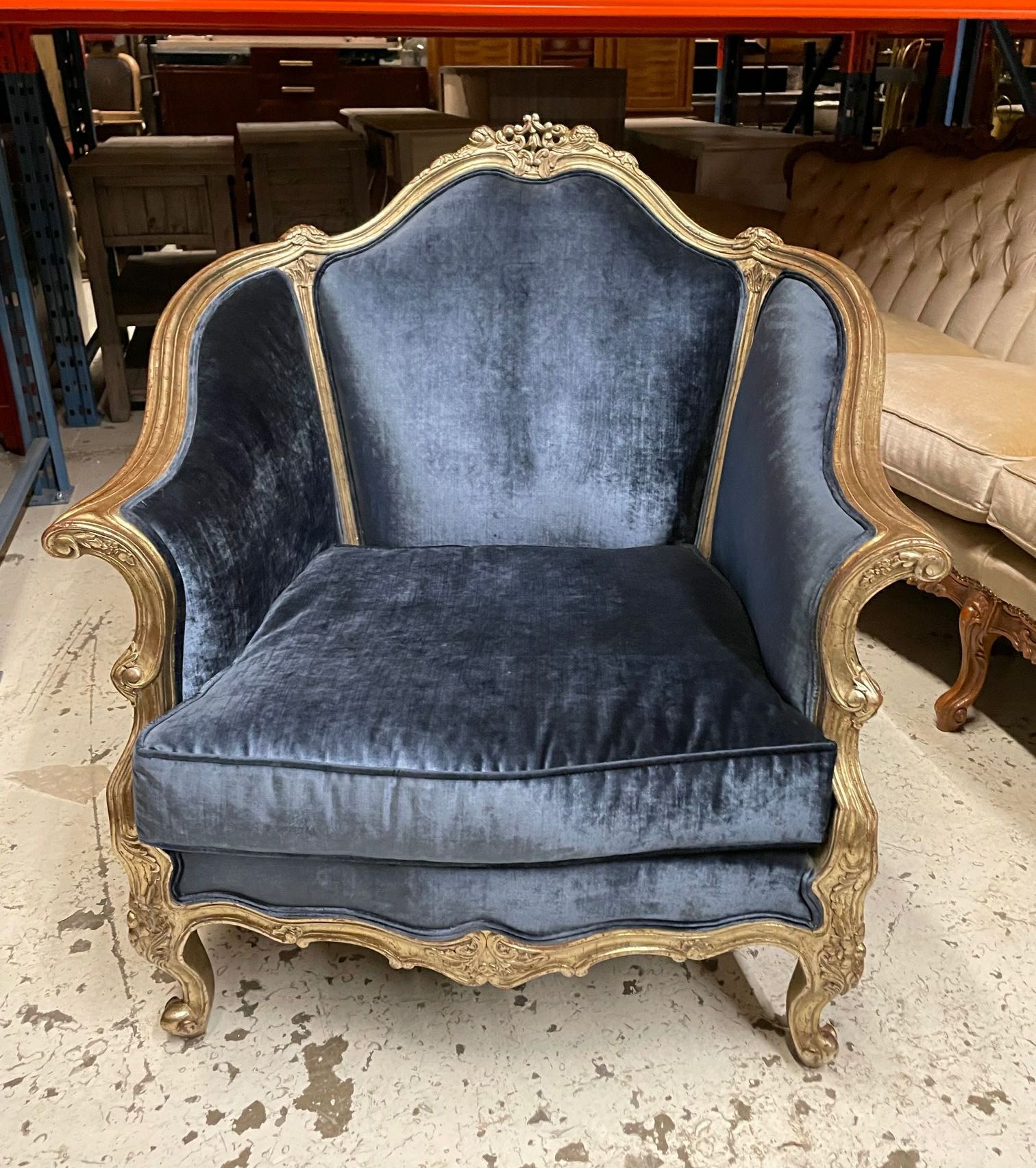 Furnishings, Crushed Velvet Armchair With Gold Frame, 35" W, 27" D, 39" H, Dark Blue, Gold, Wood, Velvet