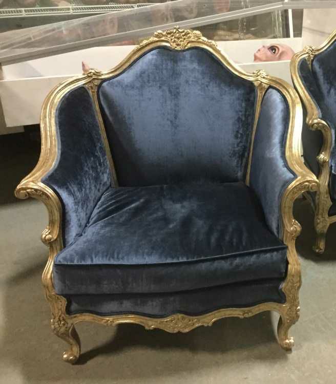 Furnishings, Crushed Velvet Armchair With Gold Frame, 35" W, 27" D, 39" H, Dark Blue, Gold, Wood, Velvet