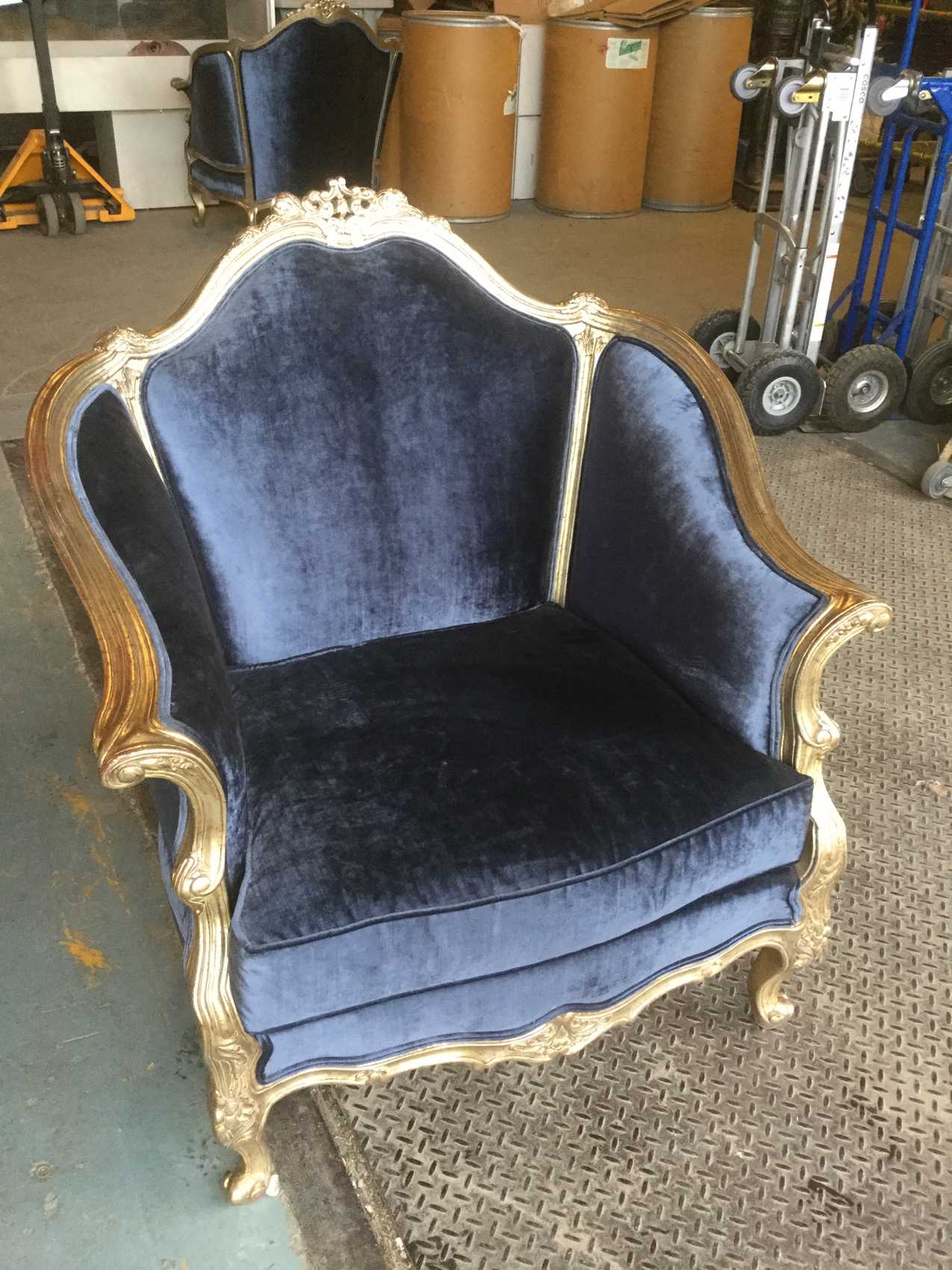 Furnishings, Crushed Velvet Armchair With Gold Frame, 35" W, 27" D, 39" H, Dark Blue, Gold, Wood, Velvet
