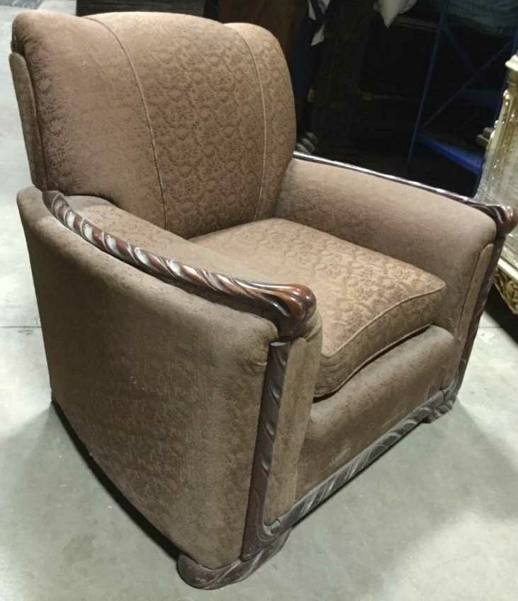 Furnishings, Vintage Armchair With Brown Wooden Trim, 39" W, 34" D, 34.5"H, Brown, Fabric, Wood