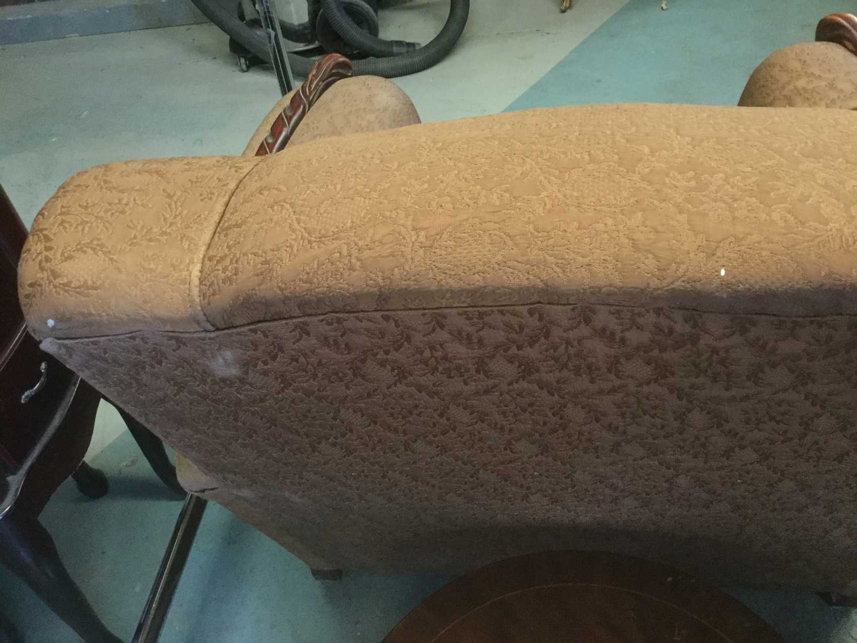 Furnishings, Vintage Armchair With Brown Wooden Trim, 39" W, 34" D, 34.5"H, Brown, Fabric, Wood