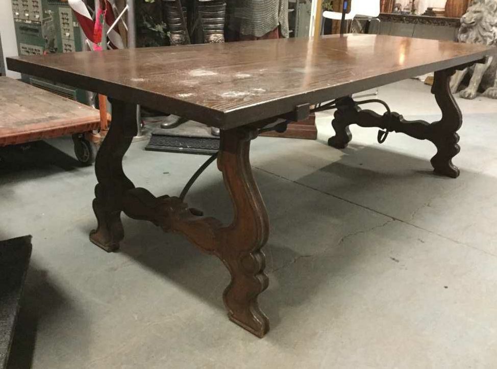 Furnishings, Double Harp Syle Base. New Scratches Hightlighted On Last Image, 86.5"W, 34.5"D, 28" H, Medium Brown, Oak, Metal