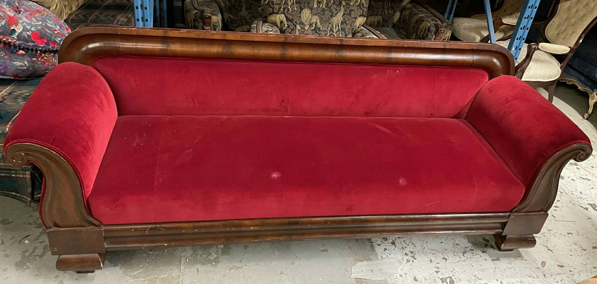 Furnishings, Velvet Victorian Style Couch, 91"W, 23"D, 33"H, Dark Tone Wood, Red, Wood, Velvet