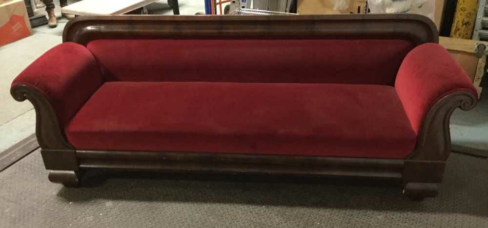 Furnishings, Velvet Victorian Style Couch, 91"W, 23"D, 33"H, Dark Tone Wood, Red, Wood, Velvet