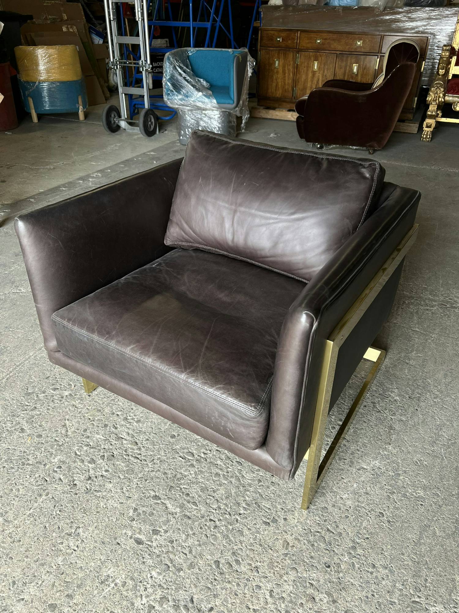 Furnishings, Leather Club Chair with Metal Framing, Brown, Gold, Leather, Metal