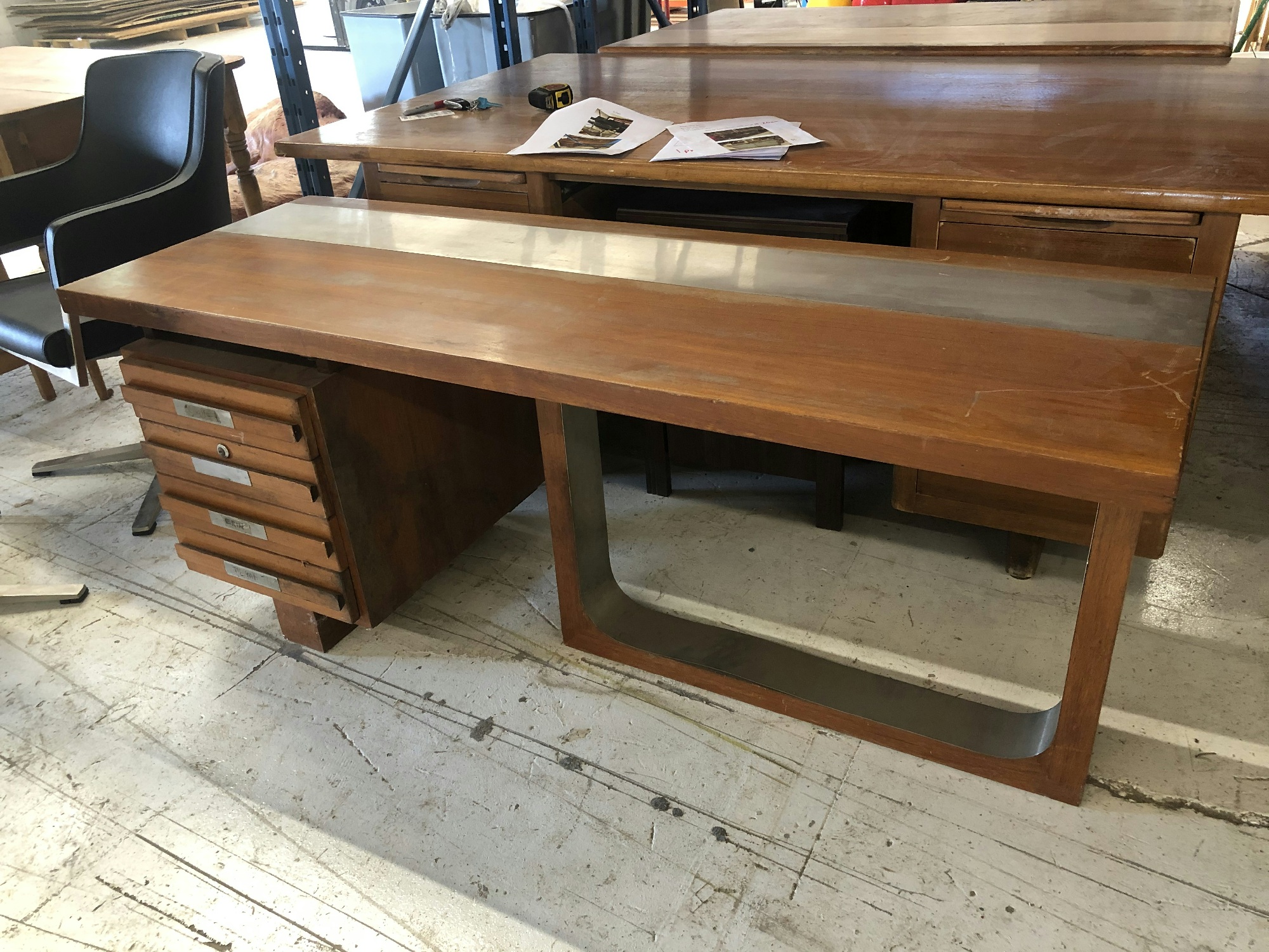 Furnishings, Mid-century Modern Wooden Desk, 62"W, 22"D, 26"H, Brown, Wood, Metal