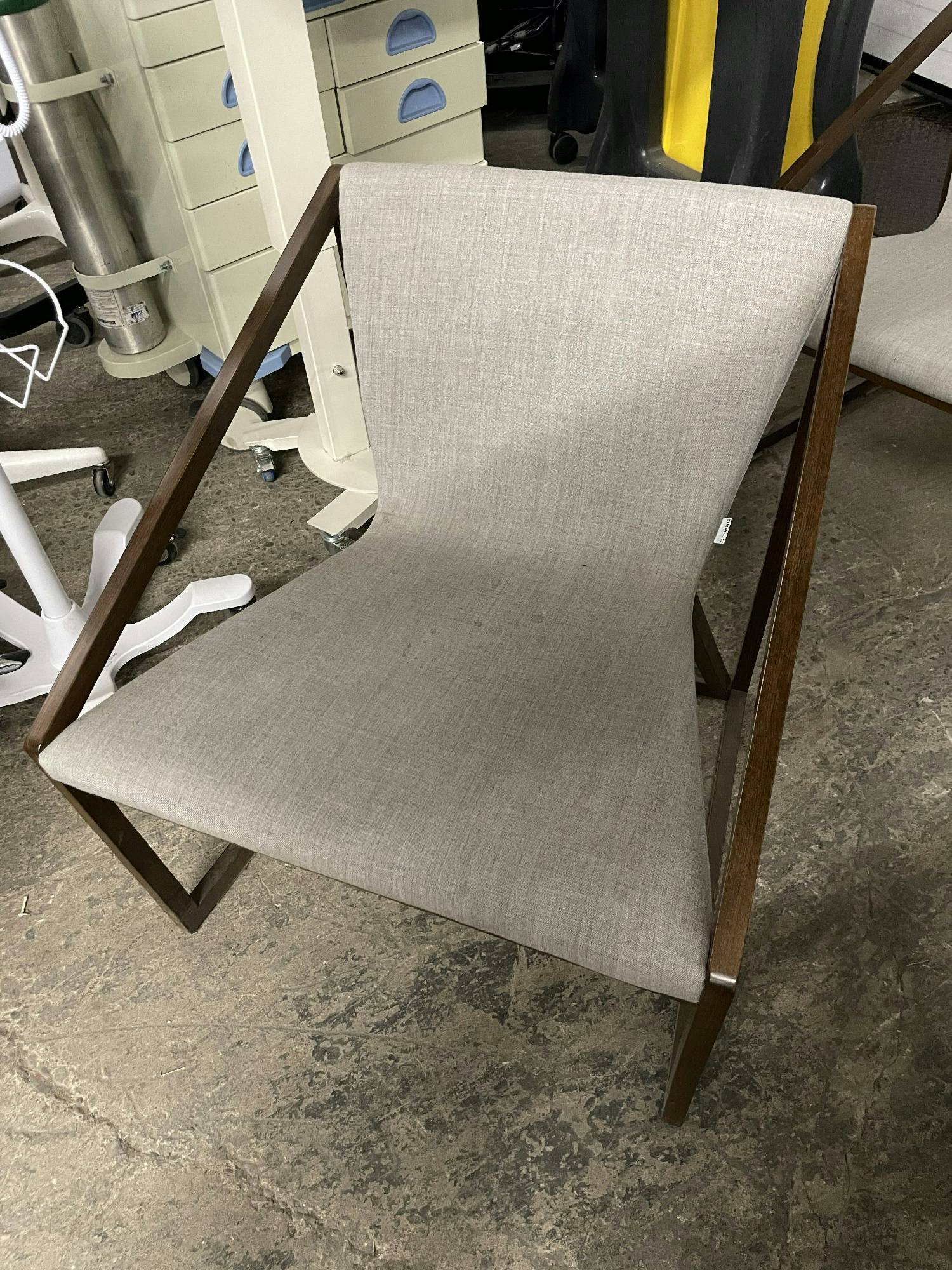 Furnishings, Lounge Chair with Walnut Arms, Grey, Light Tone Wood, Fabric, Wood