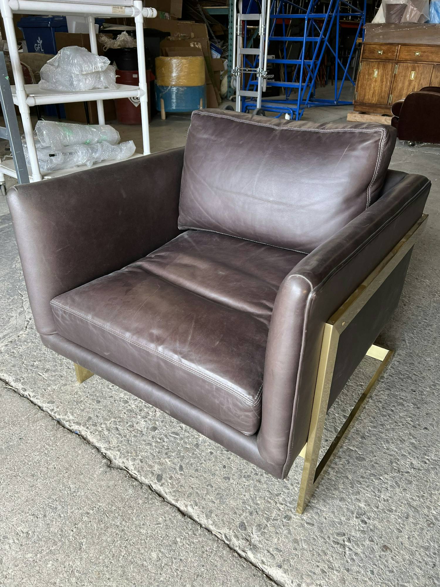 Furnishings, Leather club chair with metallic frame, Bronze, Gold, Leather, Metal