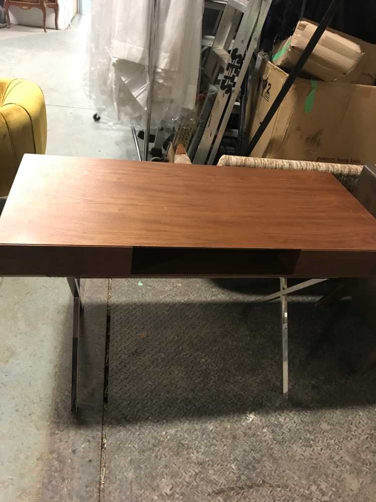 Furnishings, Modern / Contepm Faux Wood Desk   Some Scuffs, 47"W, 22"D, 30"H, Brown, Silver, Wood, Metal
