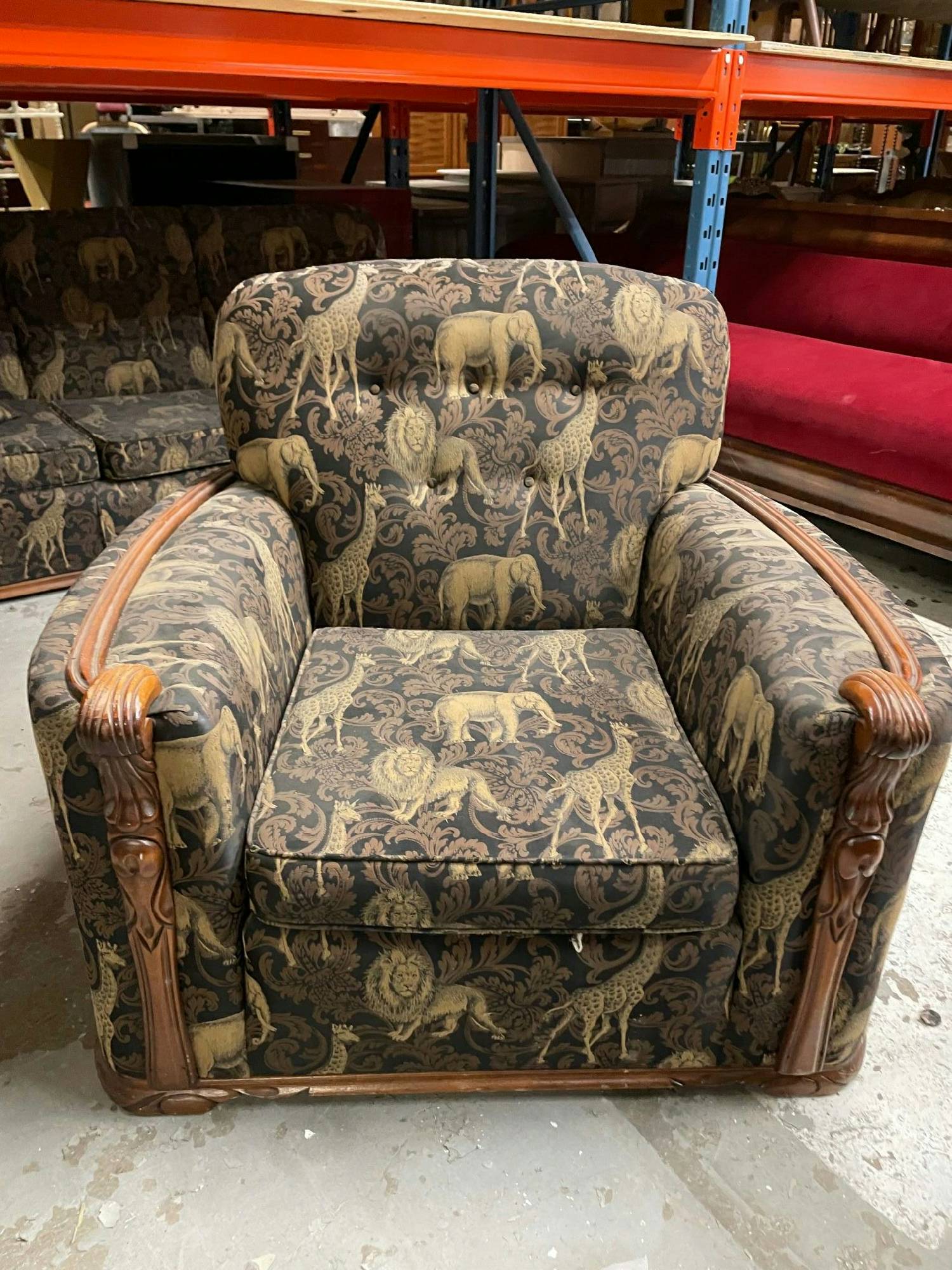 Furnishings, Safari Animal Upholstery Wood Panel Chair, Mustard, Black, Mid Tone Wood