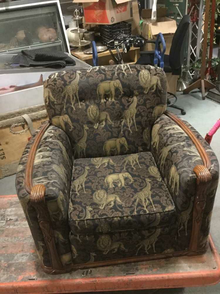 Furnishings, Safari Animal Upholstery Wood Panel Chair, Mustard, Black, Mid Tone Wood