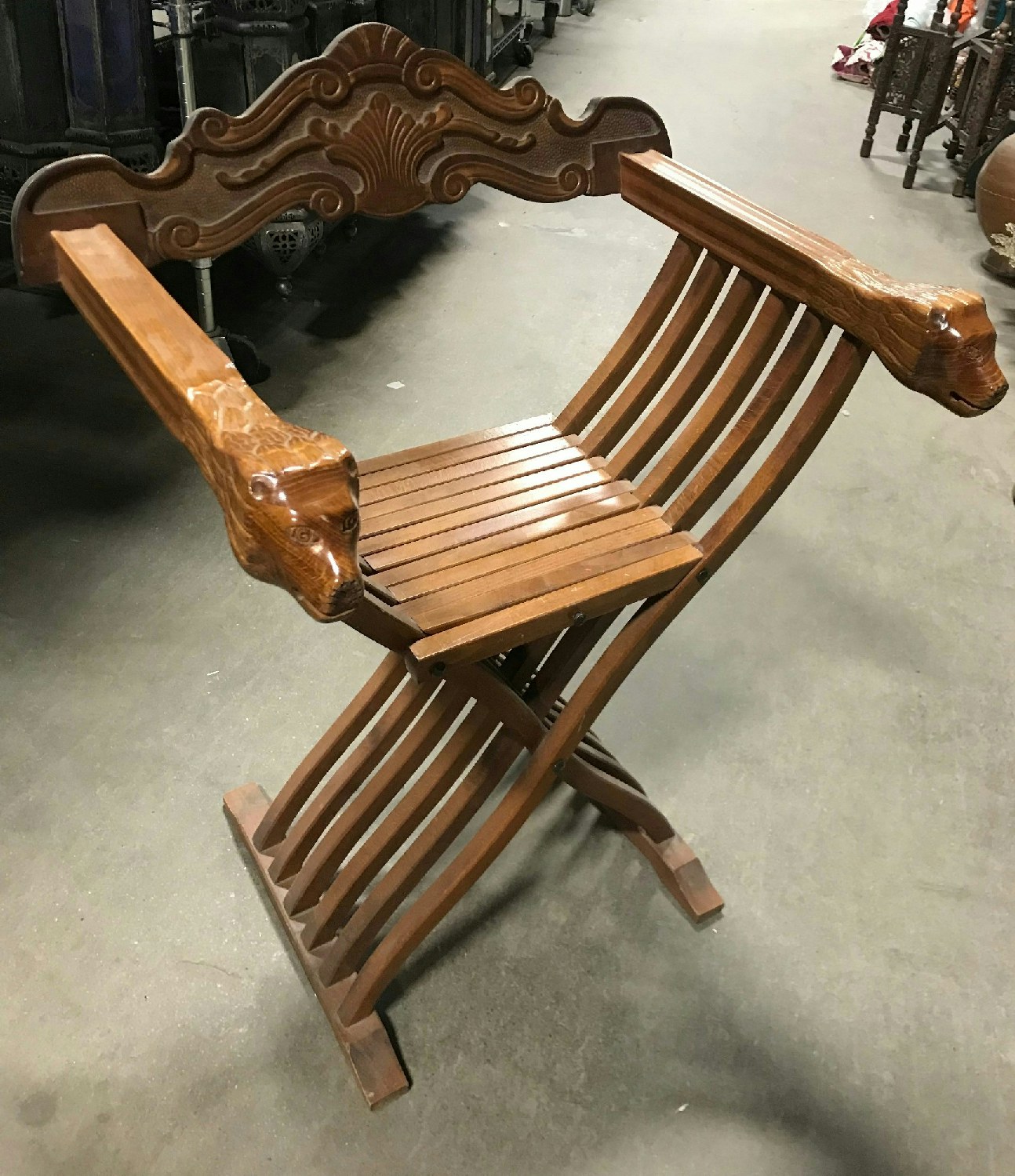 Furnishings, Savonarola with Lion Head Carved Arms, 22.5"W, 20" D, 33" H, Mid Tone Wood, Wood