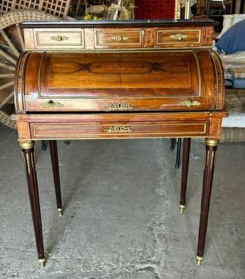 Furnishings, Antique Desk, Brown, Gold, Black, Wood, Marble