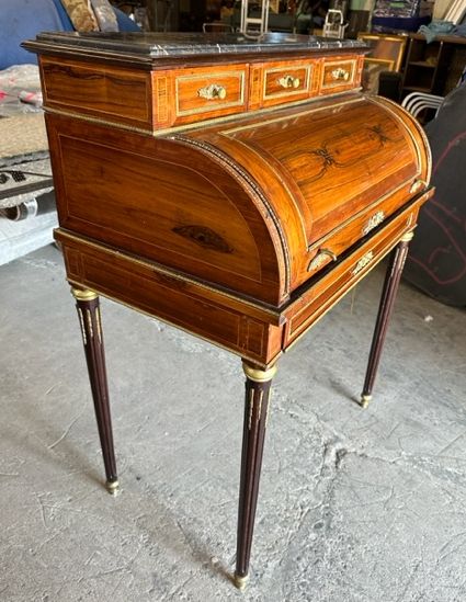 Furnishings, Antique Desk, Brown, Gold, Black, Wood, Marble