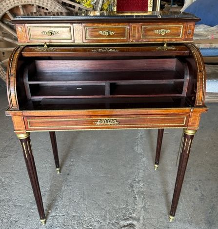 Furnishings, Antique Desk, Brown, Gold, Black, Wood, Marble