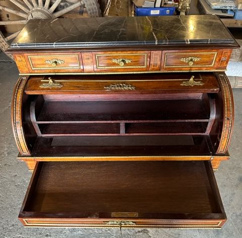 Furnishings, Antique Desk, Brown, Gold, Black, Wood, Marble