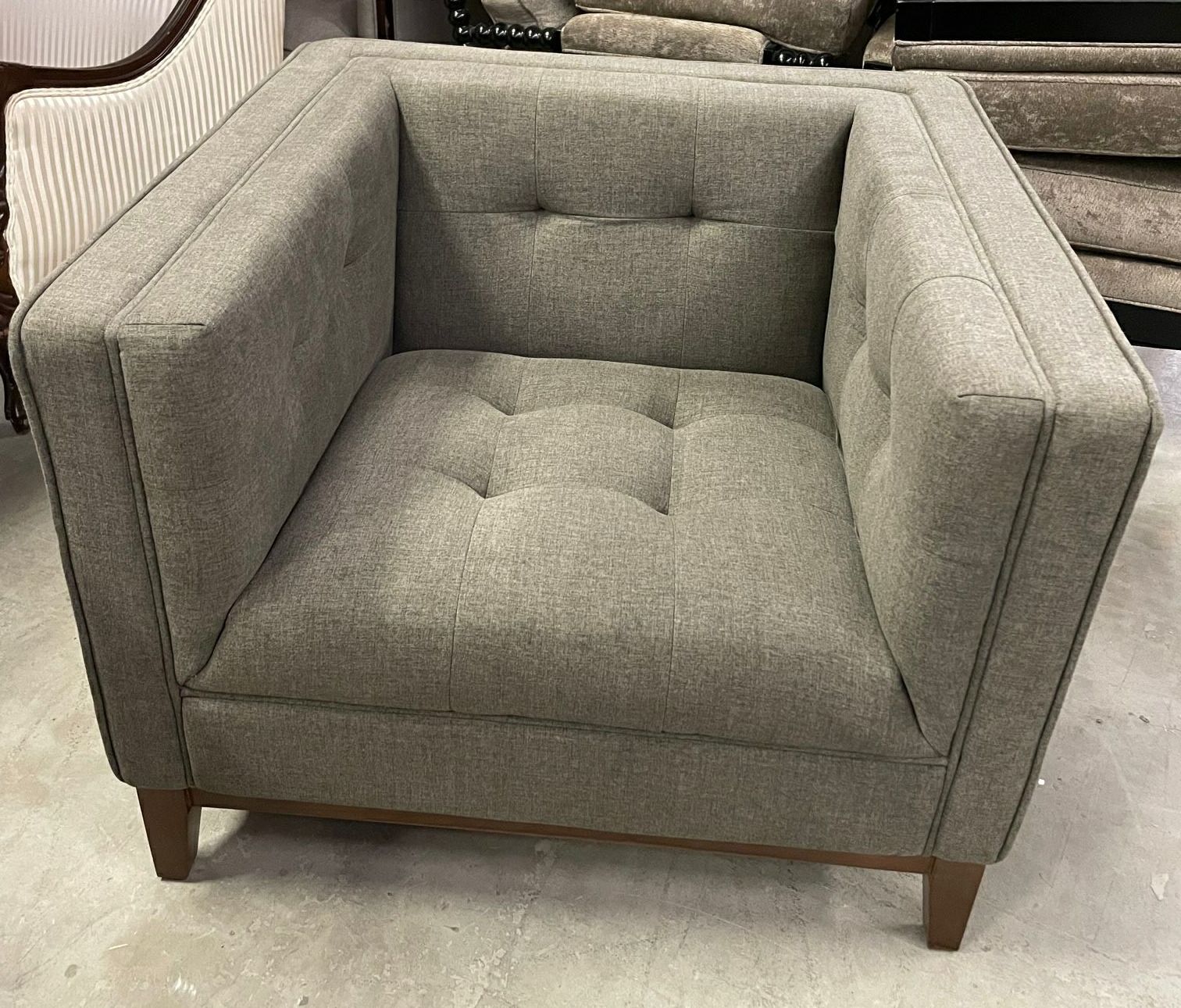 Furnishings, Tufted Club Chair, Grey, Brown, Fabric, Wood
