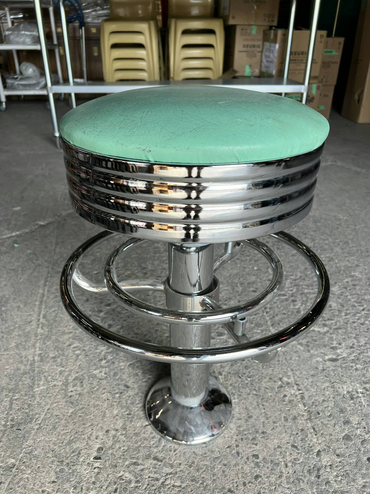 Furnishings, Leather diner stool with foot rest, Aqua, Silver, Metal, Leather