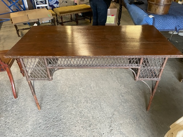 Furnishings, Dark Wood And Rattan Desk, 54"W, 27"D, 30"H, Dark Tone Wood