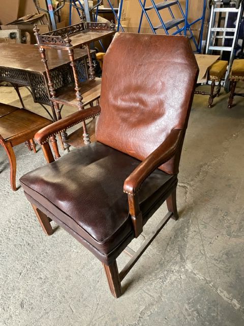 Furnishings, Leather Armchair, Brown, Mid Tone Wood, Leather
