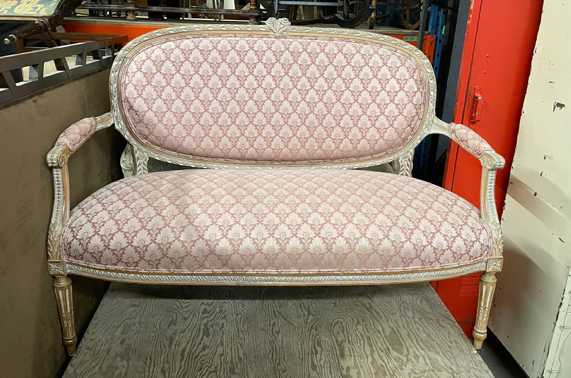 Furnishings, Antique European Style Couch With Gold Weave Trim, 49"W, 18"D, 36"H, Pink, Light Tone Wood, Wood, Fabric