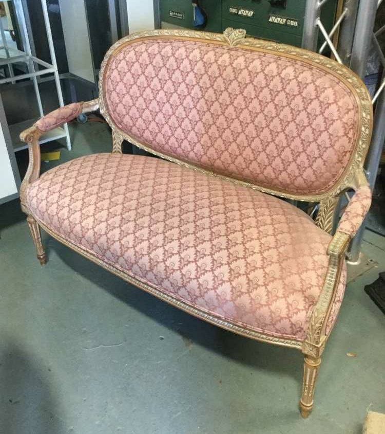 Furnishings, Antique European Style Couch With Gold Weave Trim, 49"W, 18"D, 36"H, Pink, Light Tone Wood, Wood, Fabric