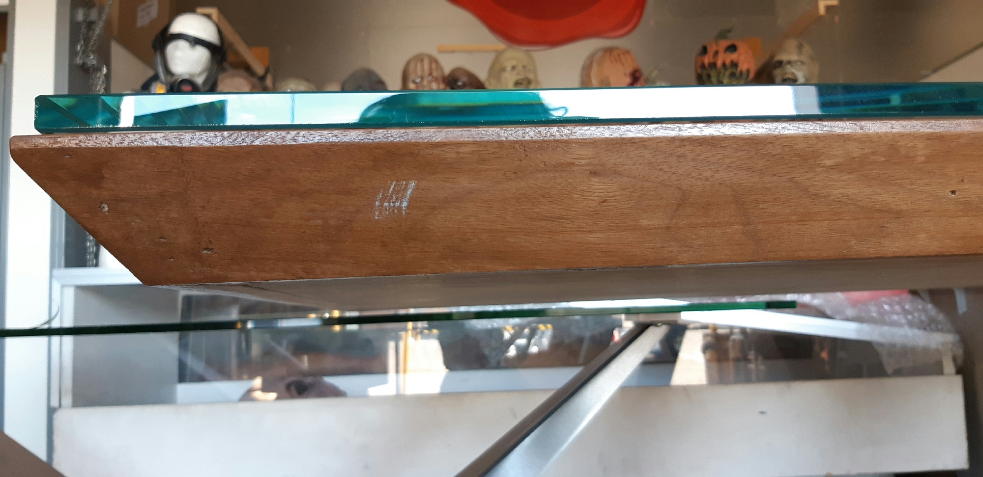 Furnishings, Glass Top Table, 7.5' L, Brown, Wood, Glass